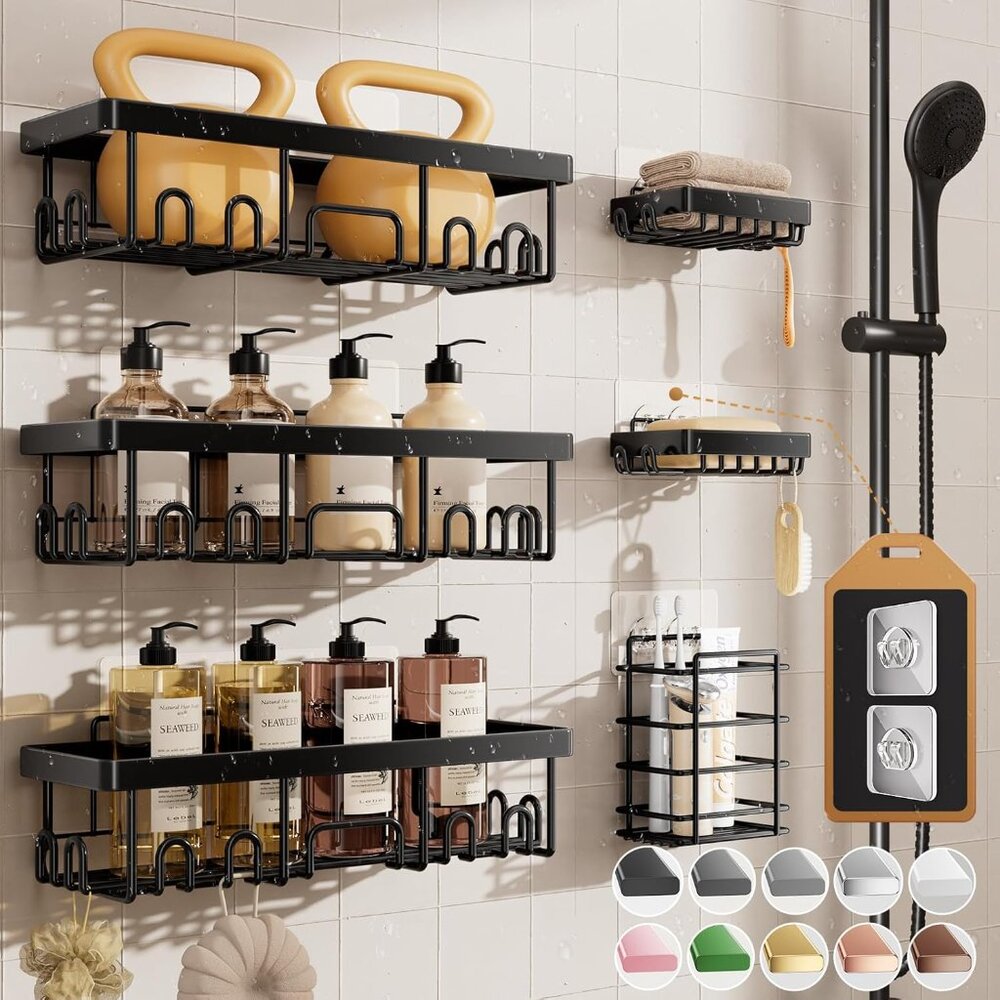Shower Caddy 6-Pack, Advanced Rustproof Design, No Drilling Adhesive Shelves